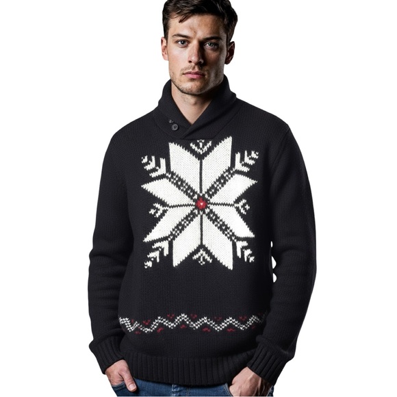 Polo by Ralph Lauren Black and White Snowflake Shawl Collar Sweater - Picture 1 of 10